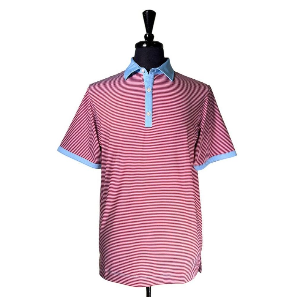 FootJoy Mens Golf Polo Shirt Small Red Blue Striped Stretch Short Sleeve Casual